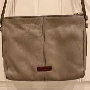Fossil Taupe Leather Crossbody Bag with Brown detail. 10” by 80 by 1.5”